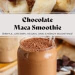 Ingredients in a blender on top and creamy chocolate smoothie in a glass shaped like a soda can with a glass straw and garnished with grated chocolate on the bottom.