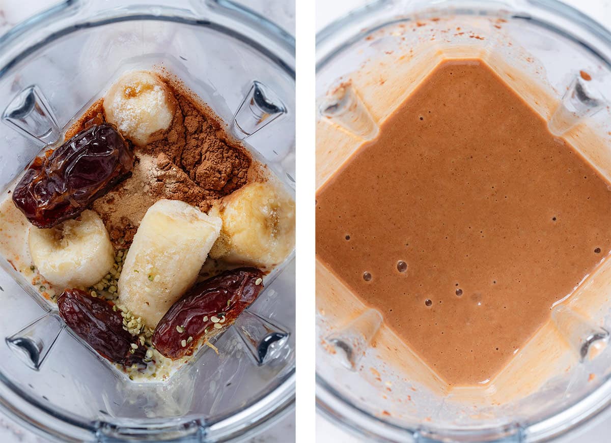 A blender jug with frozen bananas, dates, maca powder, cacao powder, milk, and other ingredients before and after blending.