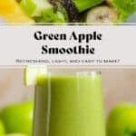 Smoothie ingredients in a blener on top and a bright green smoothie in a tall glass garnished with a slice of a green apple on the bottom.