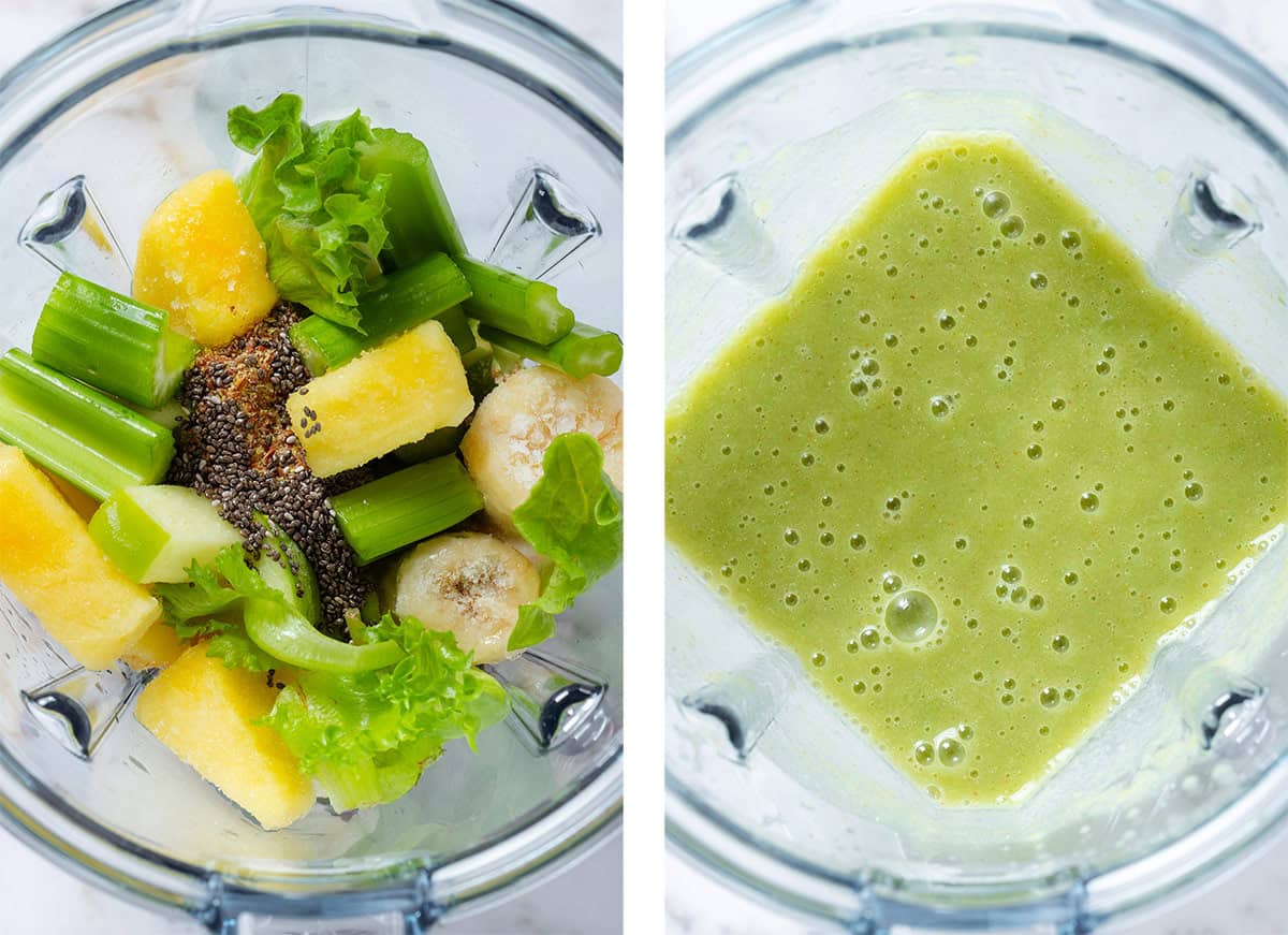 A blender container with frozen banana, green apple, pineapple, chopped celery, greens, chia seeds, and coconut water before and after blender.