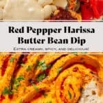 Bright orange butter bean harissa dip garnished with chopped parsley, harissa paste, and sumac with a slice of baguette scooping up the dip.
