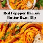 Bright orange butter bean harissa dip garnished with chopped parsley, harissa paste, and sumac with a slice of baguette scooping up the dip.