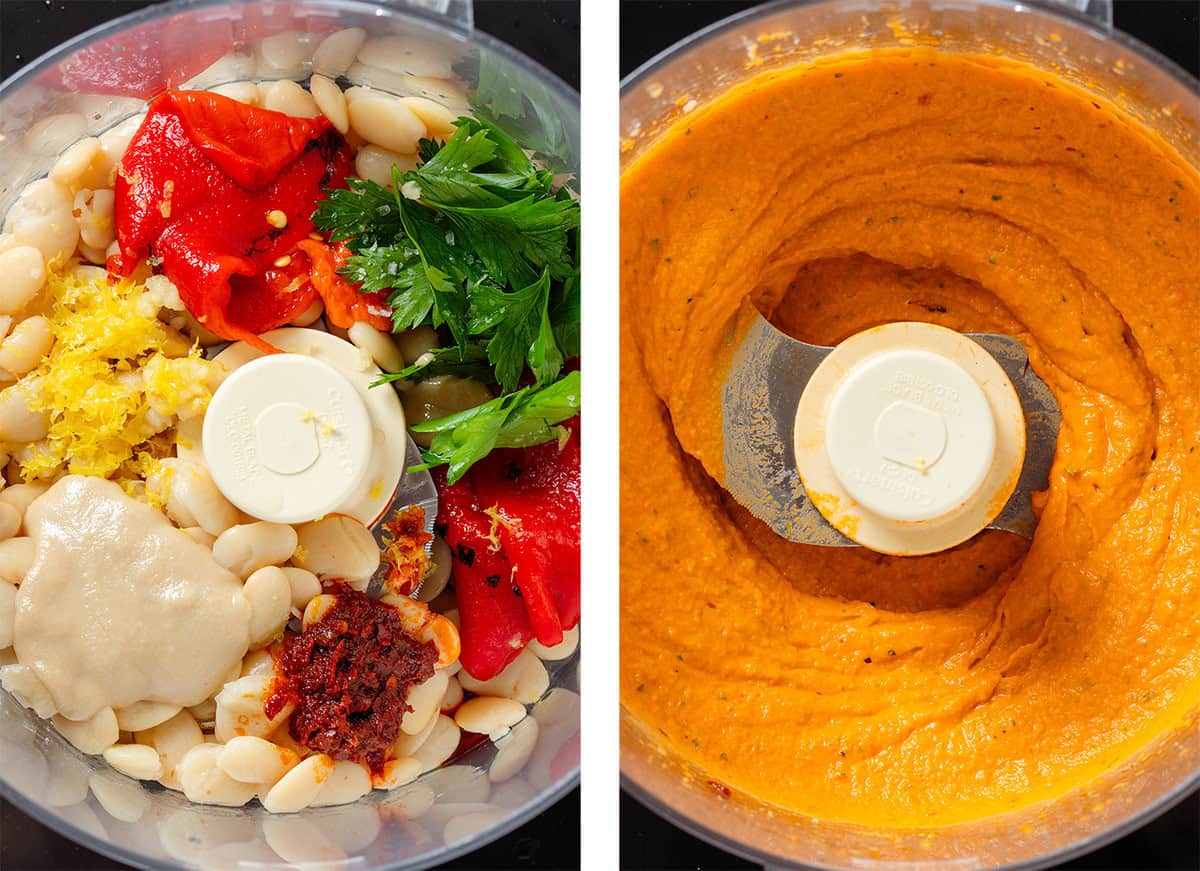 A food processor with butter beans, red pepper, parsley, lemon zest, harissa, and tahini before and after blending.