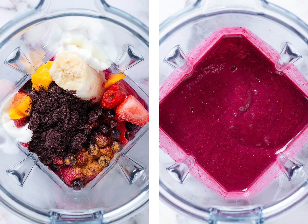 A blender container with frozen banana, mango, berries, coconut water, yogurt, maqui powder, and cinnamon before and after blending.