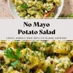 Potato salad with lemon vinaigrette, lots of fresh herbs, and feta in a beige serving bowl garnished with two lemon wedges and more fresh parsley.