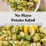 Potato salad with lemon vinaigrette, lots of fresh herbs, and feta in a beige serving bowl garnished with two lemon wedges and more fresh parsley.
