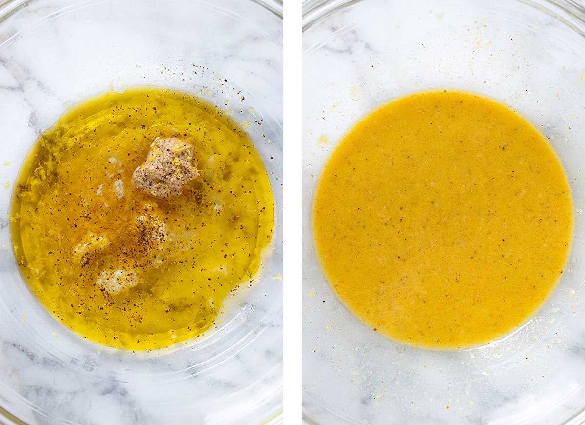 Lemon juice, olive oil, dijon vinaigrette, and spices in a large glass bowl before and after whisking.