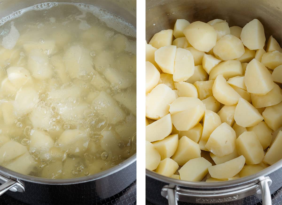 Diced potatoes cooking in a large pot of water before and after draining.