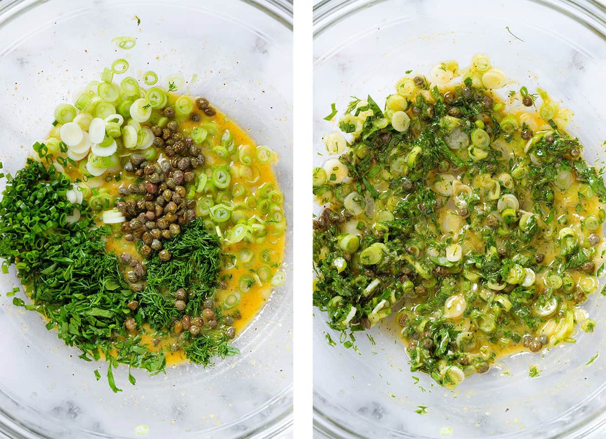Lemon vinaigrette with capers, chopped fresh parsley, chives, dill, and scallions before and after stirring together.