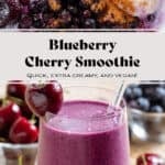 Ingredients in a blender on top and bright purple smoothie in a tall glass garnished with a cherry on the rim on the bottom.