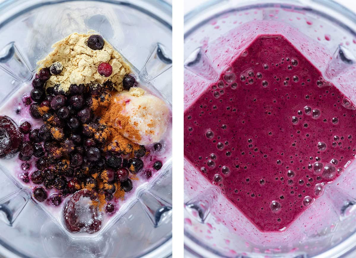 A blender container with frozen banana, blueberries, cherries, protein powder, coconut water, and other ingredients before and after blending.
