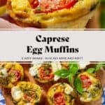 Caprese egg muffins served on a wooden serving board garnished with fresh basil.