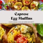 Caprese egg muffins on a wooden serving board garnished with fresh basil and cherry tomatoes around it.