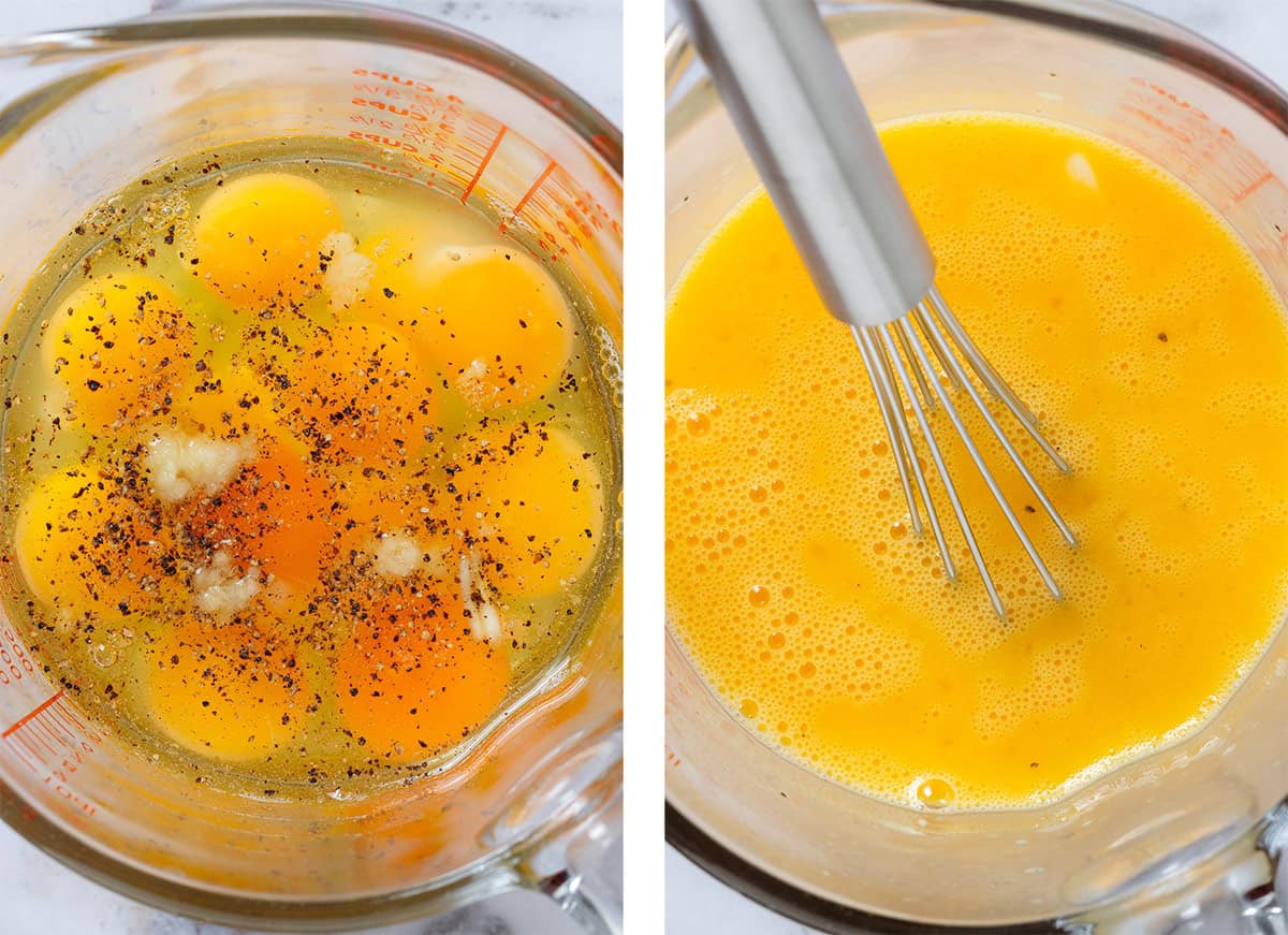 Eggs with black pepper and grated garlic in a large glass measuring cup before and after whisking.
