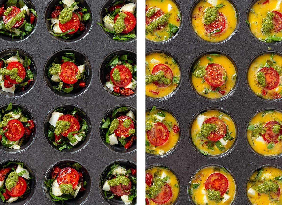 A 12-cup muffin pan with spinach, mozzarella, cherry tomatoes, basil, and pesto on the left and topped up with whisked eggs on the right.