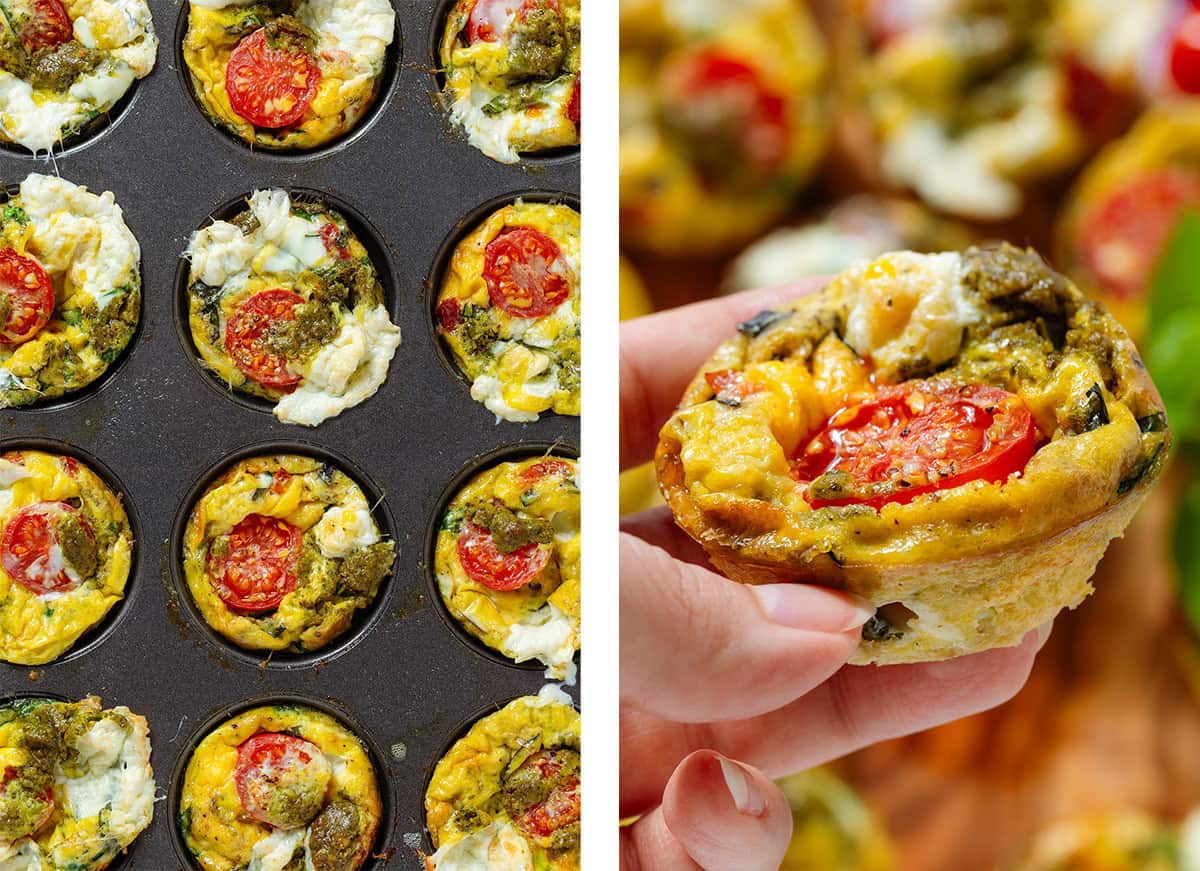 Baked caprese egg bites in a muffin pan on the left and a hand holding on showing the golden top and sides.