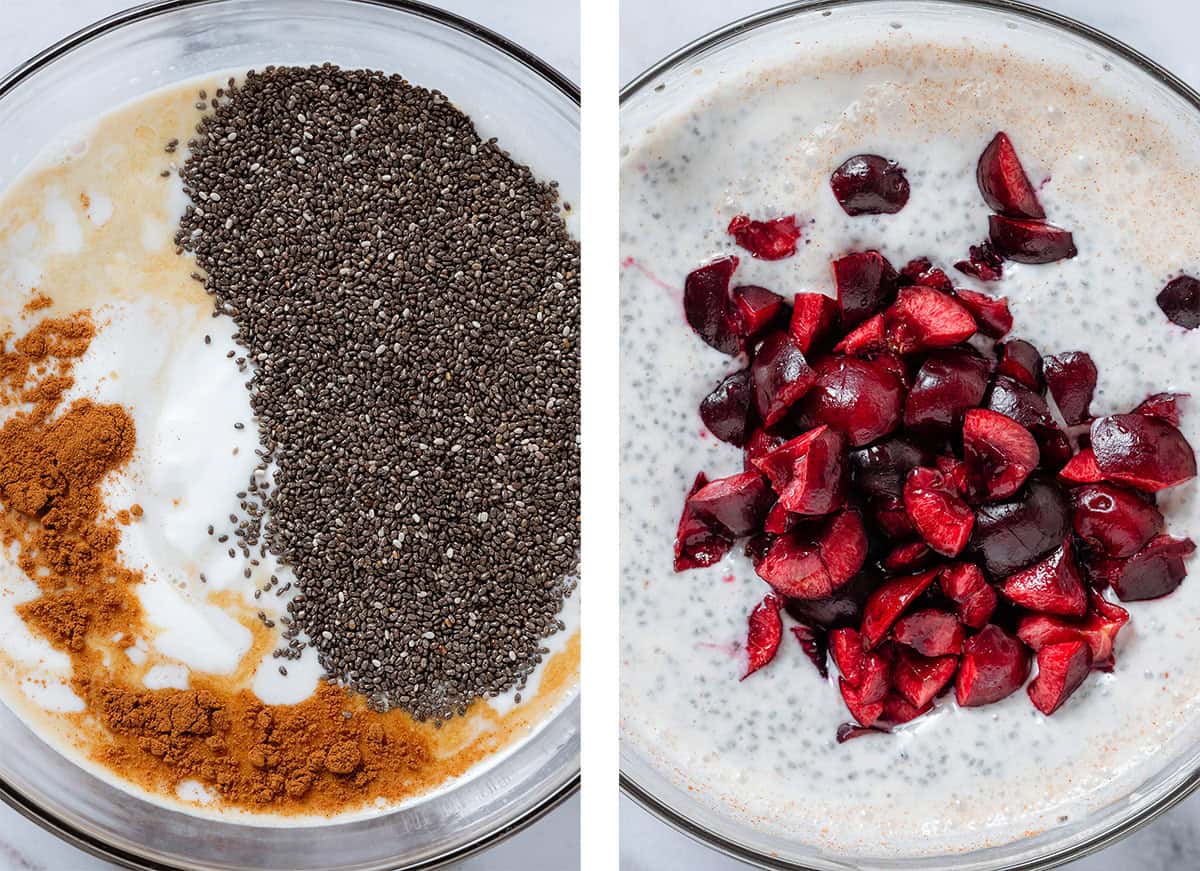 A glass bowl with chia seeds, milk, yogurt, and cinnamon on the left and after whisking and with added chopped cherries.