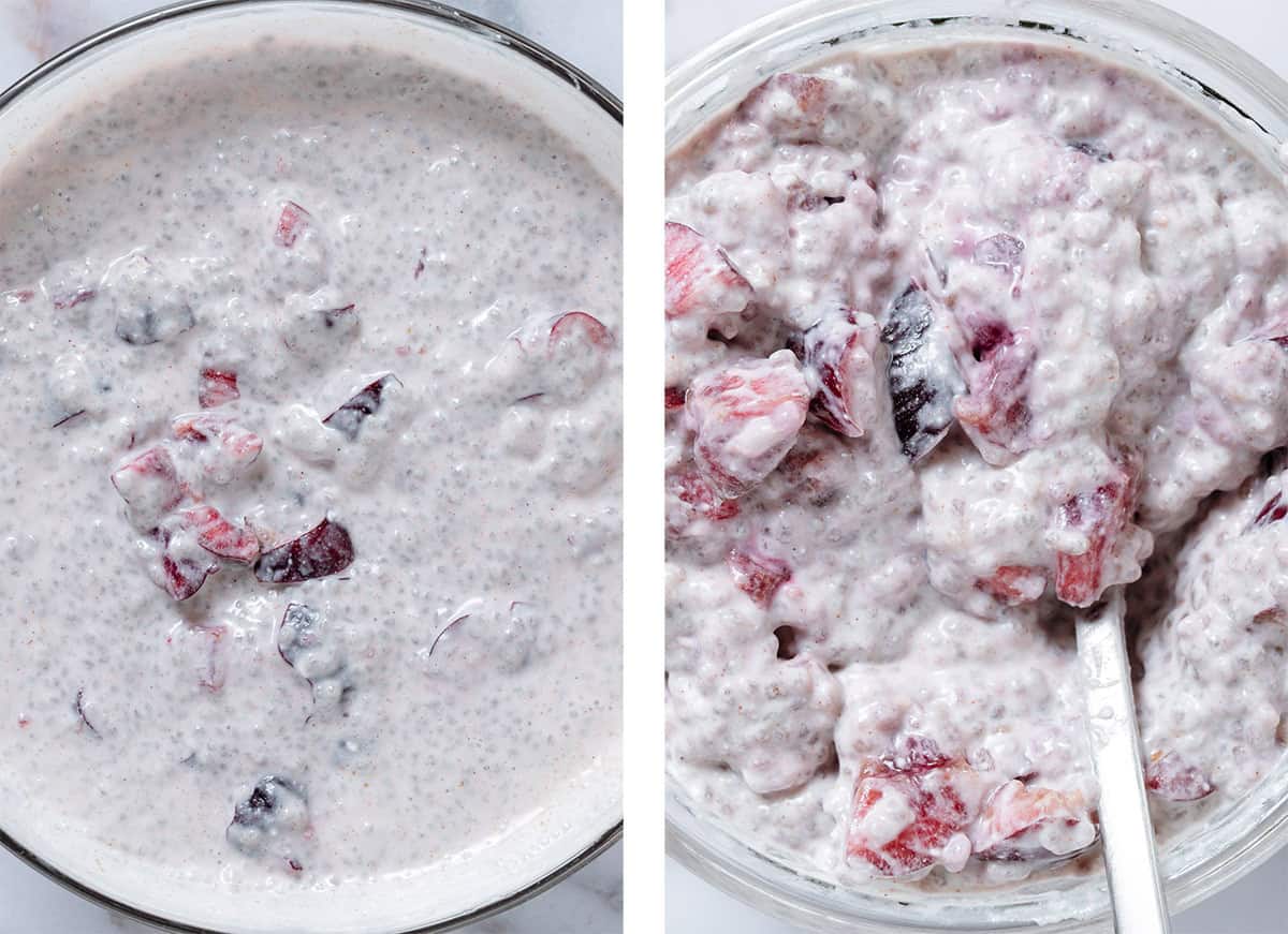 A glass bowl with cherry chia pudding before and after chilling in the fridge and the chia seeds soaking up the liquid and thickening the pudding.