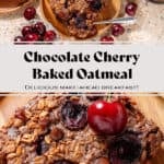 Two slices of a chocolate cherry baked oatmeal on small wooden plates garnished with a fresh cherries.