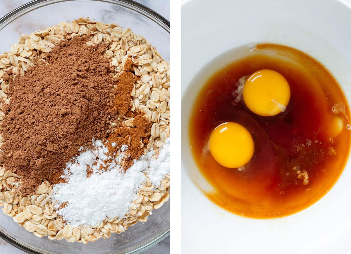 Oats with cacao powder, cinnamon, and baking powder on the left and eggs with other wet ingredients on the right.