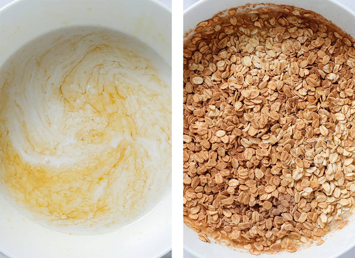 Whisked eggs with milk and other wet ingredients on the left and with added oats and dry ingredients on the right.