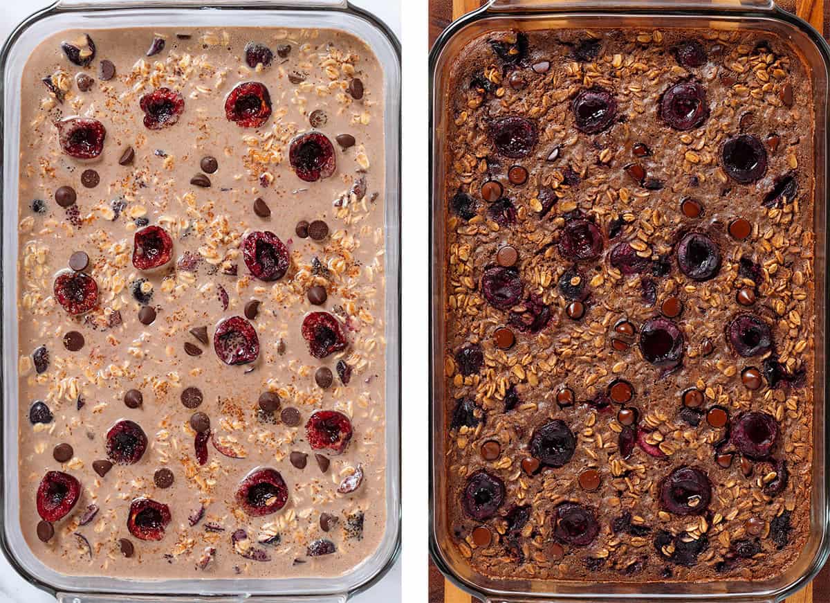 Chocolate cherry baked oatmeal in a glass baking dish before and after baking.