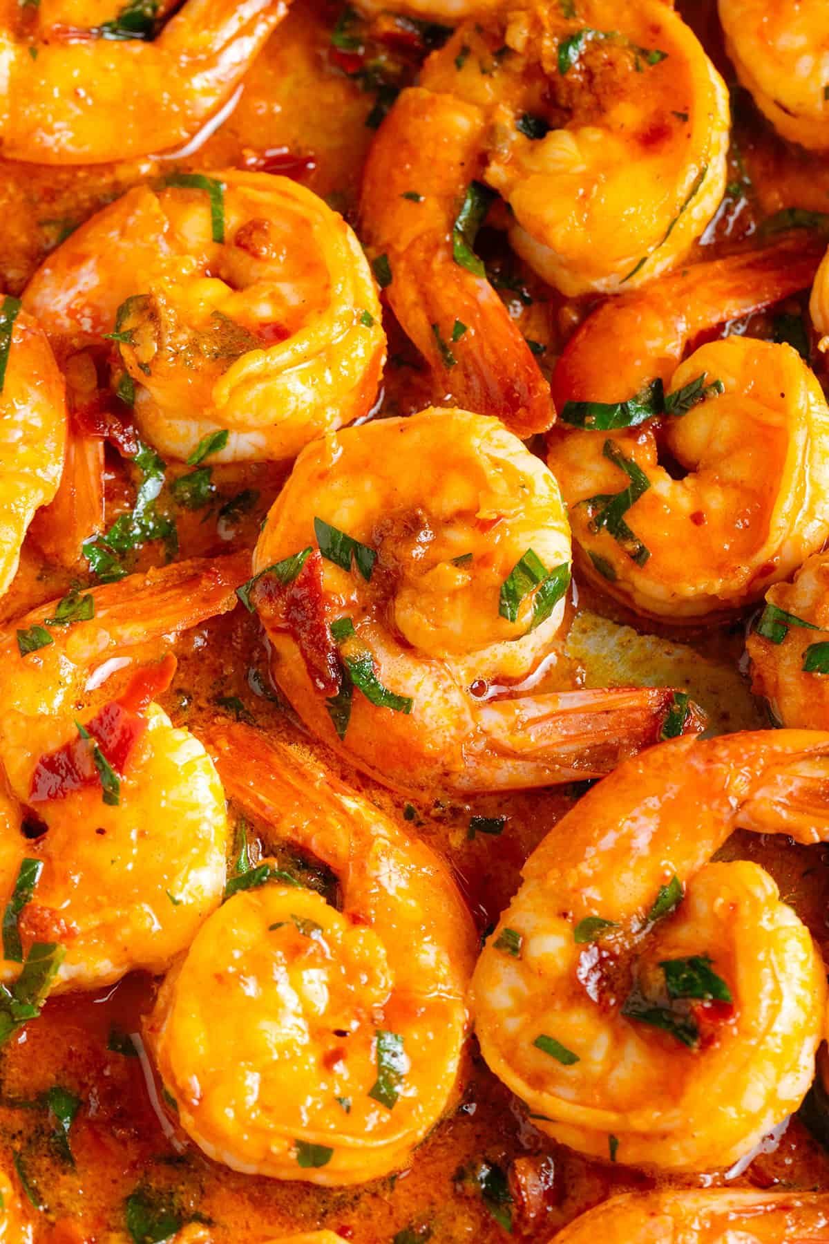 Bright orange sauteed harissa shrimp with finely chopped fresh parsley.