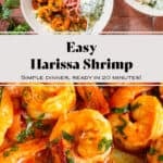 A bowl with harissa shrimp served on Moroccan couscous, with creamy cucumber salad and pickled red onion on top and a close up of the shrimp on the bottom.