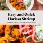 Bowls with harissa shrimp served on Moroccan couscous, with creamy cucumber salad and pickled red onion with text overlay.