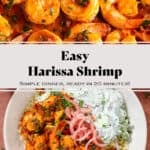 A bowl with harissa shrimp served on Moroccan couscous, with creamy cucumber salad and pickled red onion with text overlay.