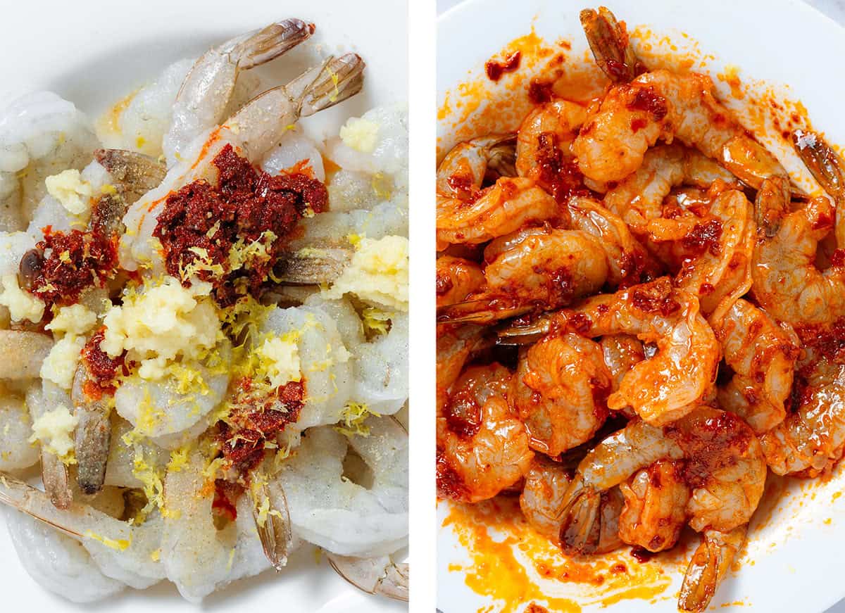 Raw shrimp tossed with harissa paste, grated garlic, lemon zest, and spices in a white bowl before and after tossing together.