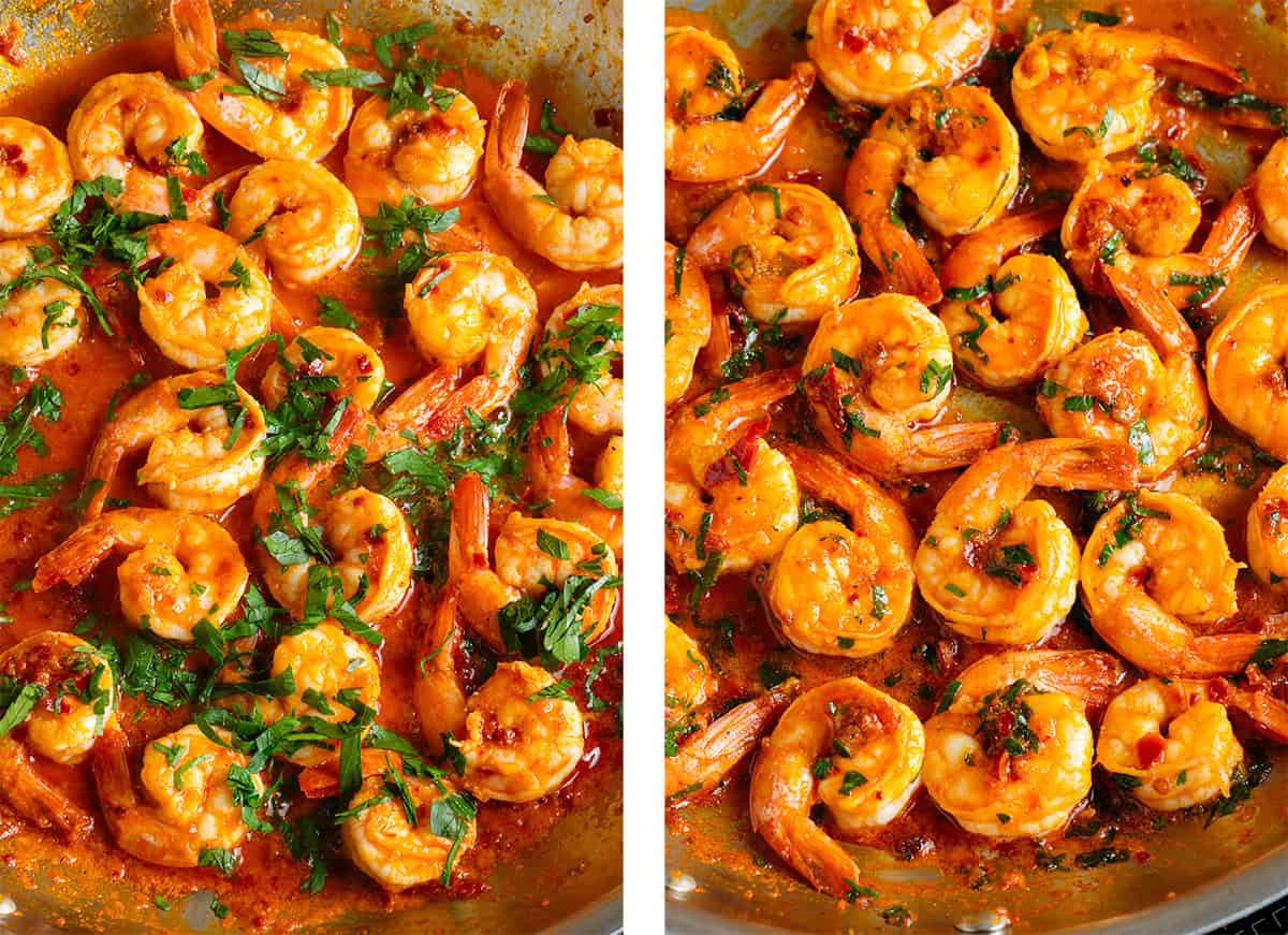 Cooked harissa shrimp in a pan with added chopped fresh parsley before and after tossing together.