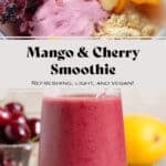 Ingredinets in a blender on top, a mango cherry smoothie in a tall glass on the bottom.