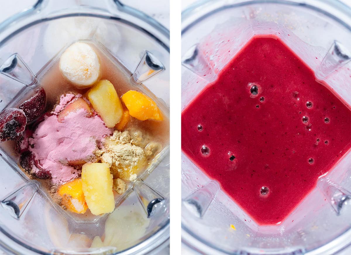 A blender with banana, mango, pineapple cherries, coconut water, protein powder, and other ingredients before and after blending.