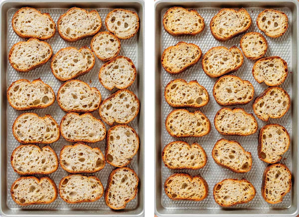 Baguette slices on a large baking sheet before and after toasting.