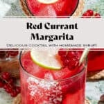 Vibrant red margaritas in a short glasses with ice and gold straws garnished with red currants and lime slices with text overlay.