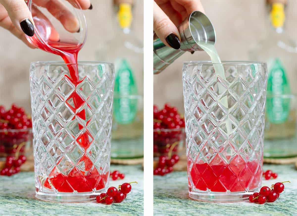 Red currant syrup and lime juice being added to a glass shaker with other ingredients.