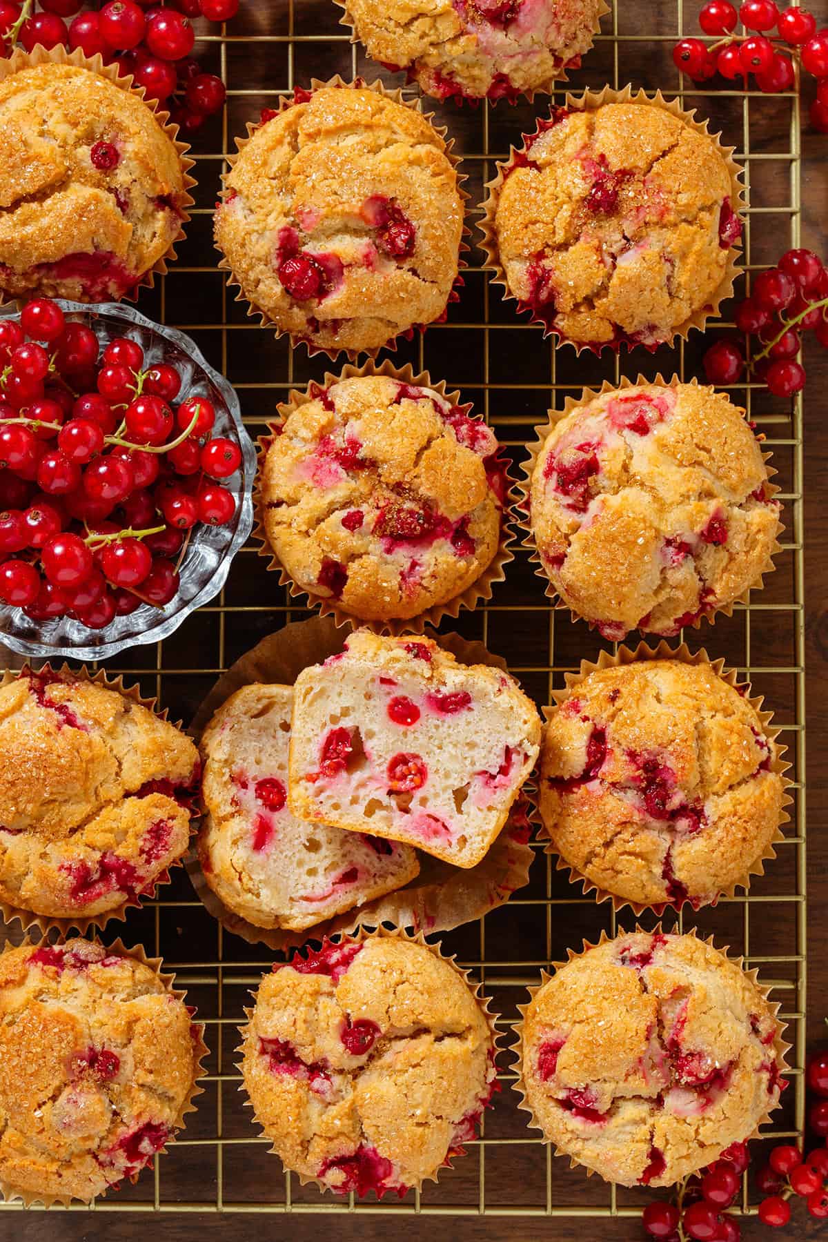 Twelve red currant muffins on a cooling rack with fresh red currants in between them and the muffin in the middle sliced in half.
