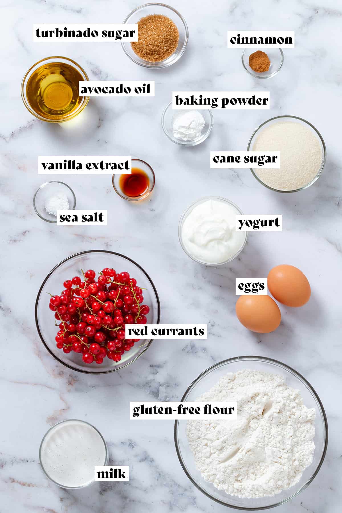 Glass bowls with flour, red currants, sugar, oil, yogurt, and other with text overlay.