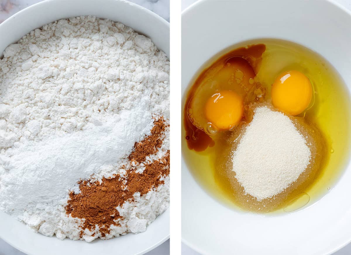 Flour, baking powder, and cinnamon in a white bowl on the left and another white bowl with eggs, sugar, and vanilla extract on the right.
