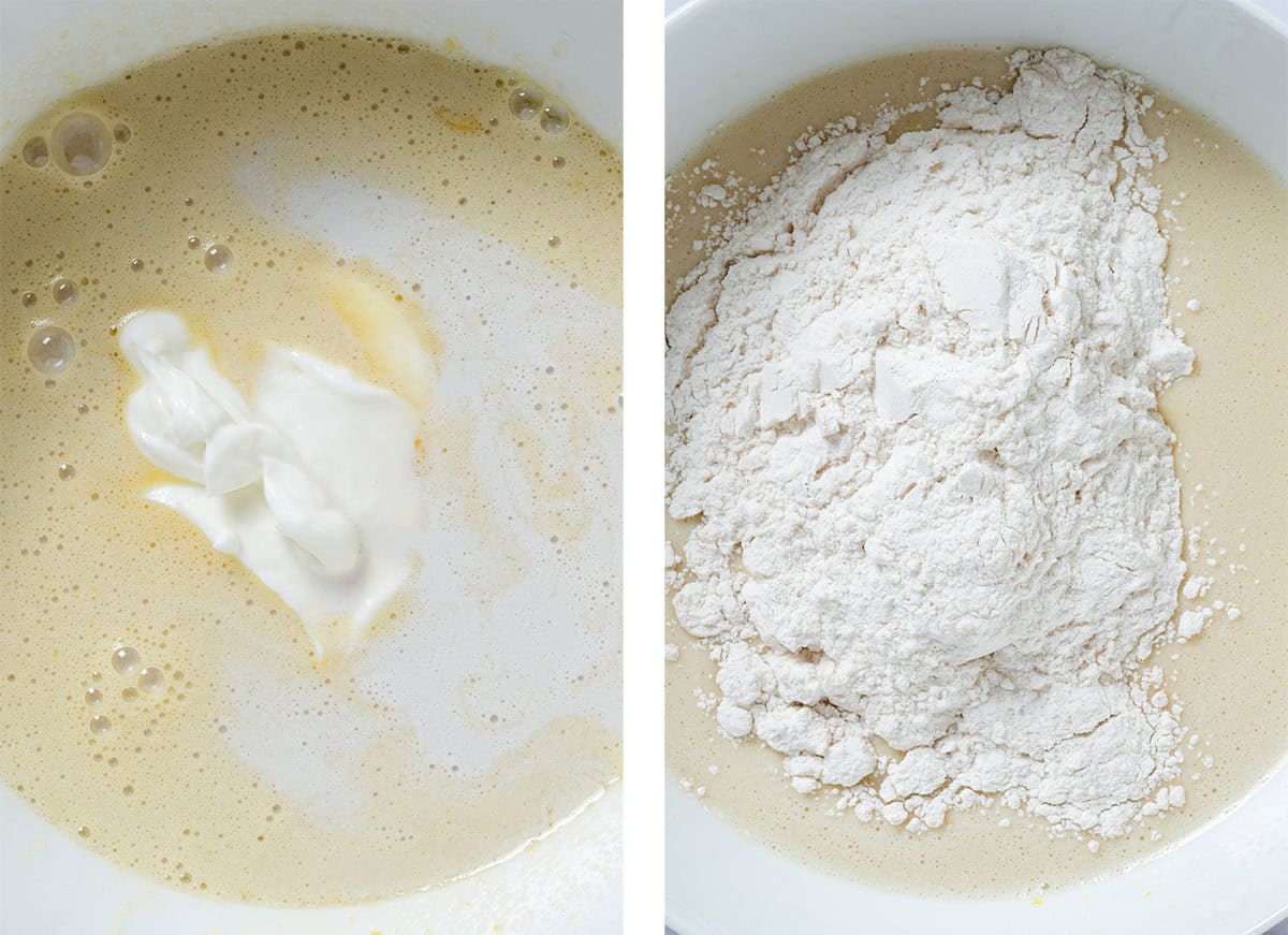 Whisked eggs and other ingredients with added yogurt and milk on the left and with added flour on the right before whisking.