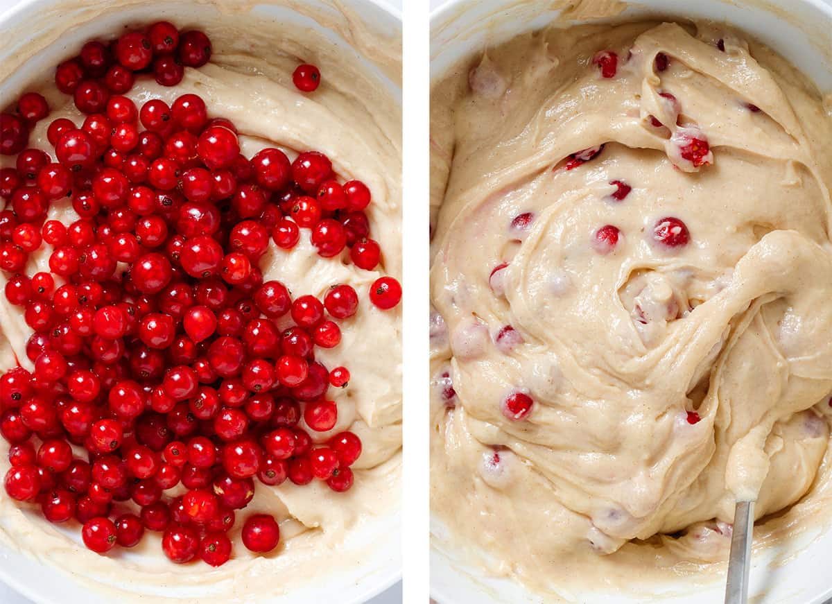 Muffin batter with red currants before and after folding them in.