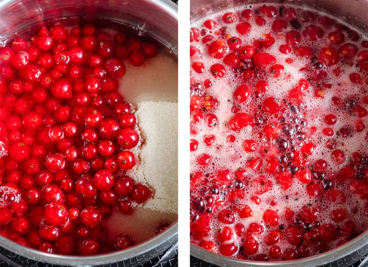 Red currants, cane sugar, and water in a small pot on the left, and once the mixture starts to boil on the right.