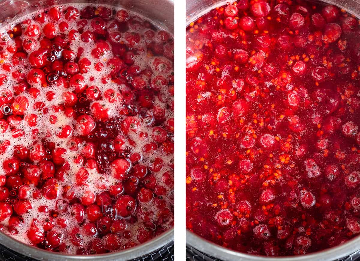 Red currants simmering with sugar and water in a small pot on the left and cooling on the right.