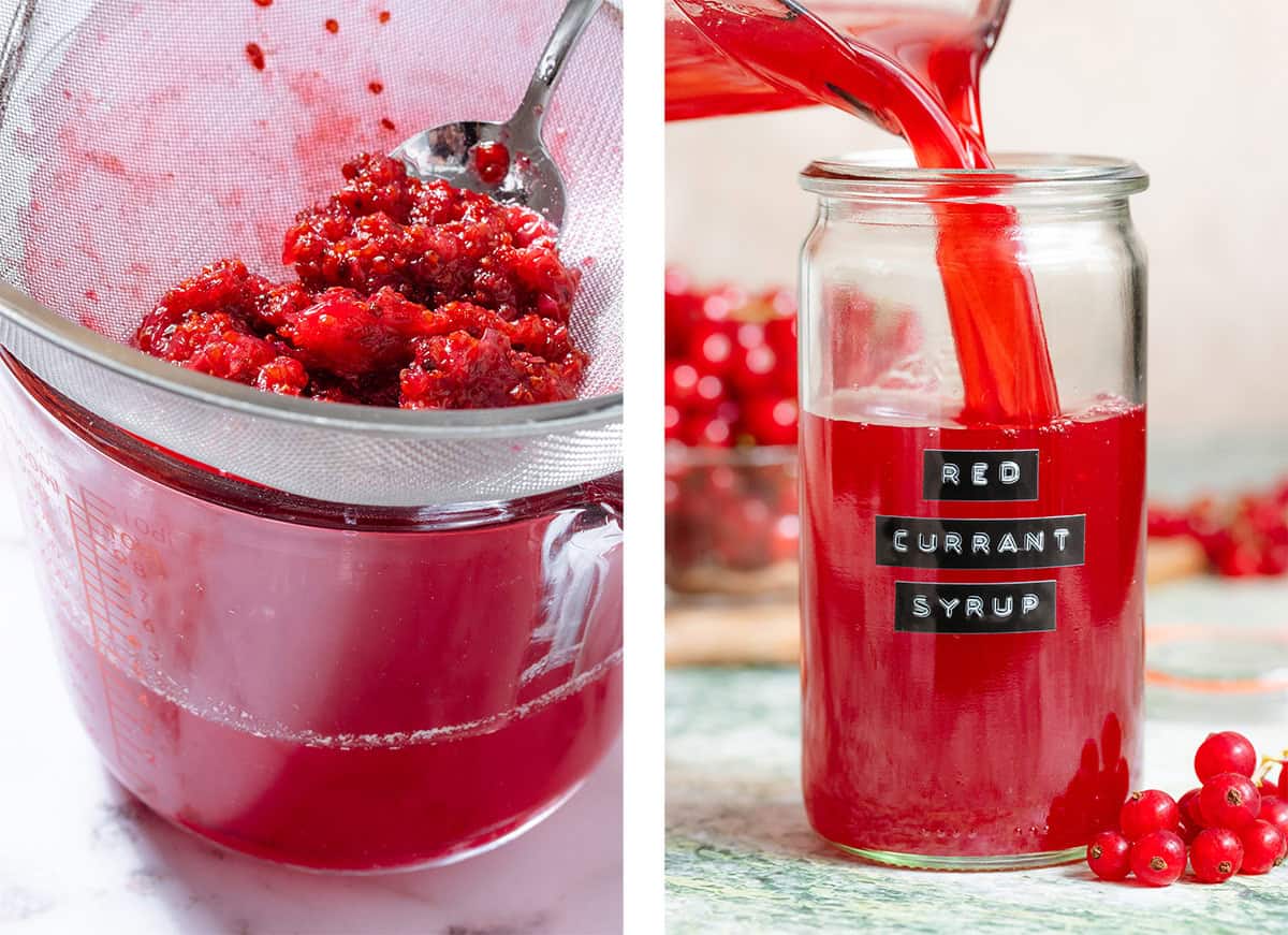 Red currant syrup being strained through a fine mesh strainer into a large glass measuring cup on the left and pouring it into a tall glass jar on the right.
