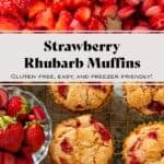 Diced fresh strawberries and rhubarb on top and muffins on a wire rack on the bottom with text overlay.