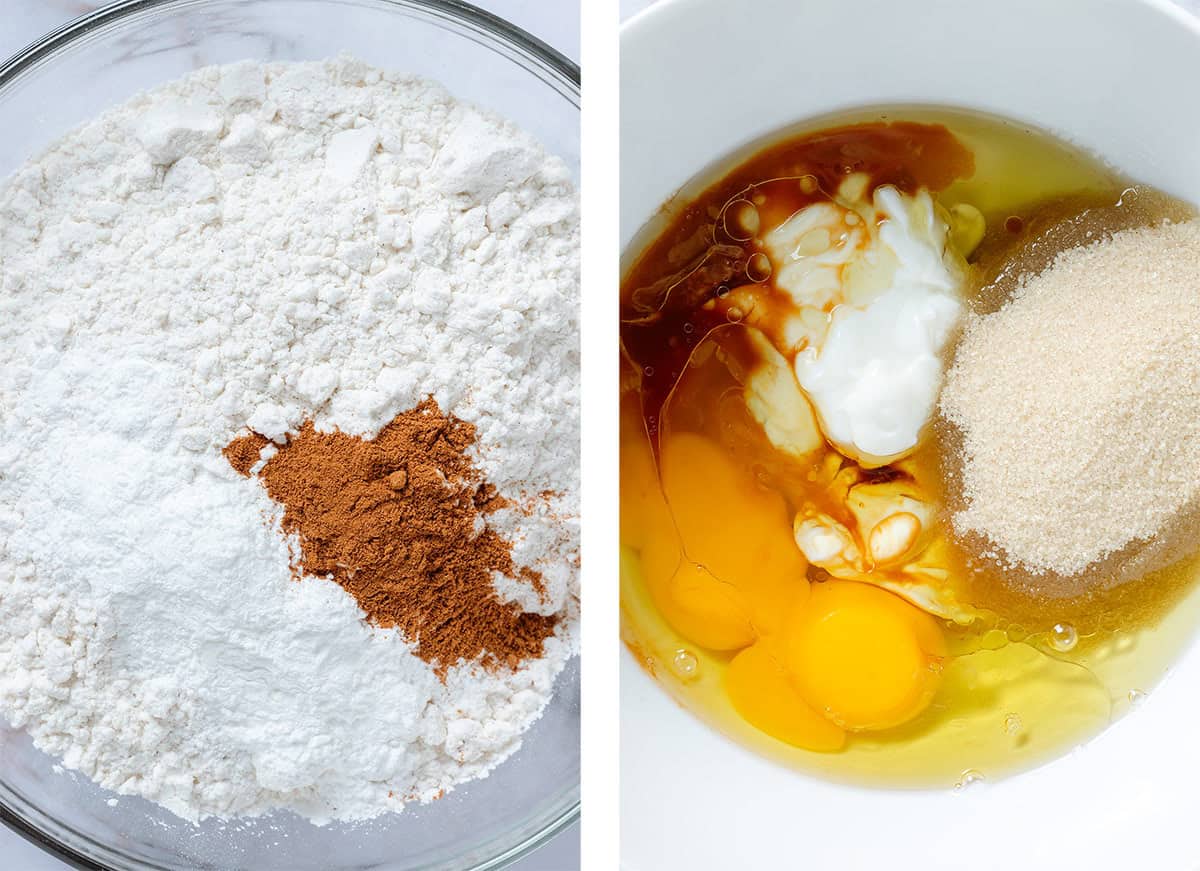 A glass bowl with flour, baking powder, and cinnamon on the left and a white bowl with eggs, yogurt, sugar, and vanilla extract on the right.