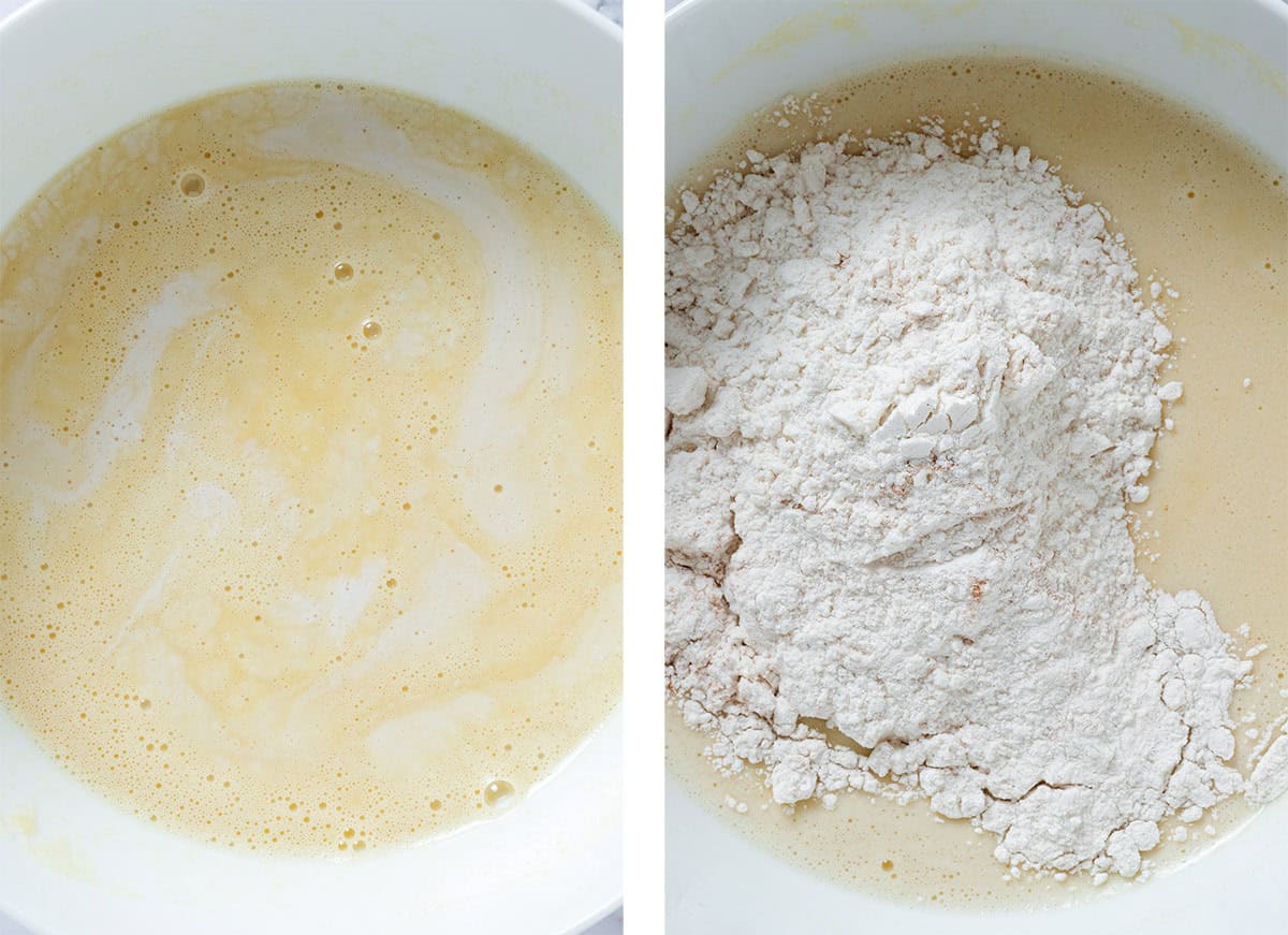 Whisked liquid ingredients with added milk on the left and with added flour on the right before whisking.