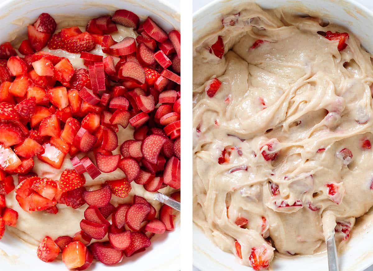 Diced strawberries and rhubarb being added to muffin batter on the left and after folding them in on the right.