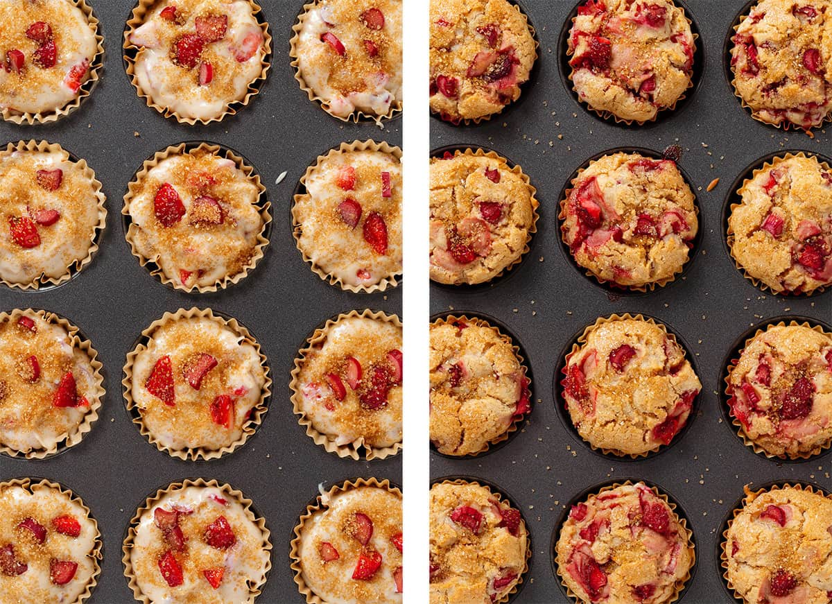 Strawberry rhubarb muffin batter in a muffin pan before and after baking.